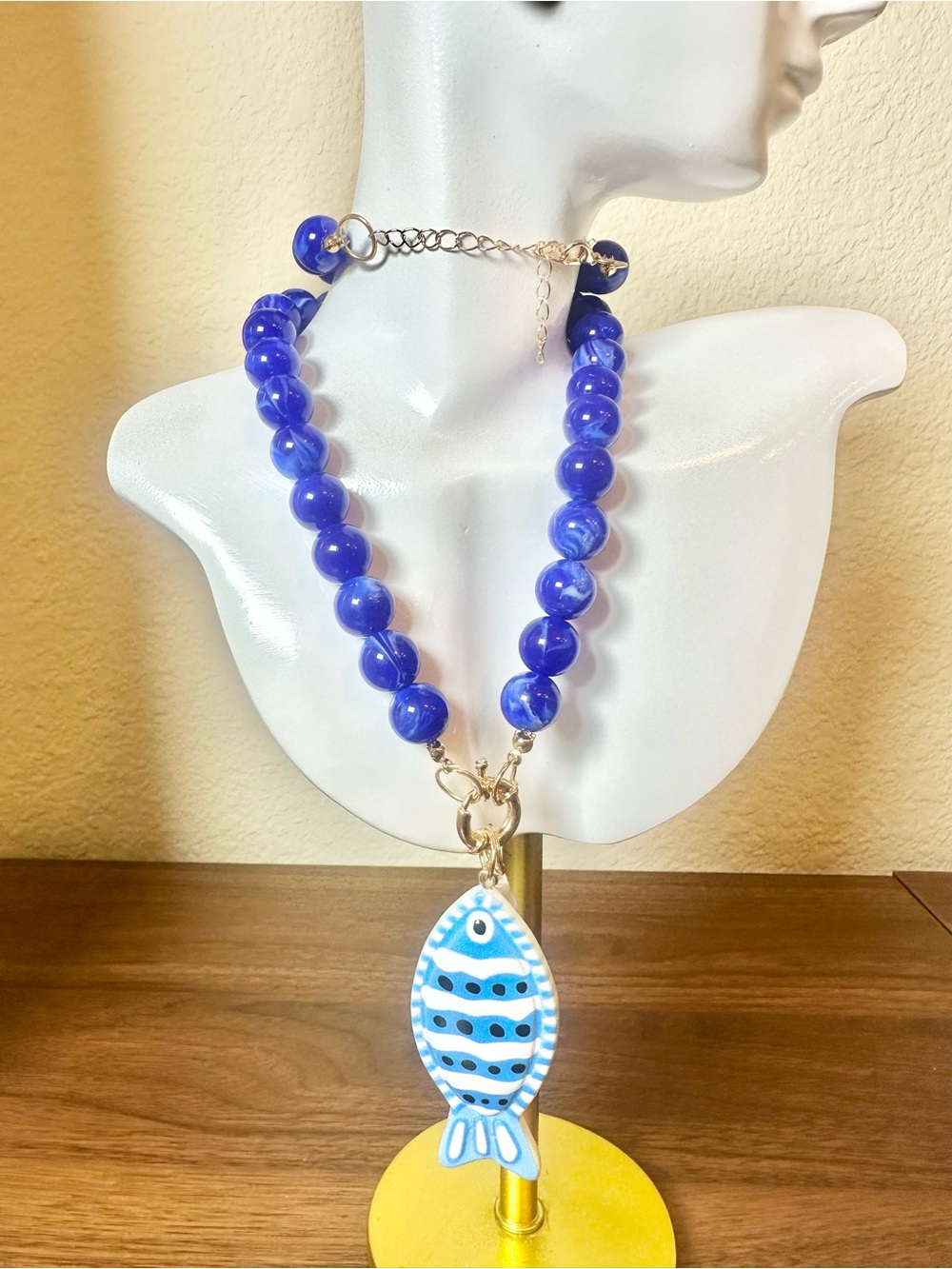 22” Blue Acrylic Bubble Necklace with Fish Pendant - 28” including Fish Pendant